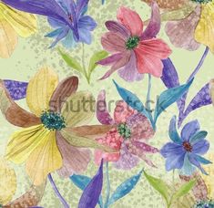 watercolor flowers on a green background with blue, yellow and pink petals - stock photo