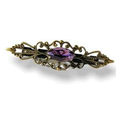 "Ms. Hepurn Amethyst Purple Hair Barrette-Filigree-Bronze-Vintage Style Hair Clip Vintage Style. Antiqued bronze barrette with highly defined filigree scroll work, embellished with a Amethyst Purple vintage navette. A fabulous touch to any do. measures 2 1/4\"x 1/2\"" Plum And Gold Hair Jewelry, Dark Purple Accessories, Vintage Hair Pieces, Victorian Hair, Purple Accessories, Victorian Hairstyles, Vintage Hair Clips, Purple Vintage, Scroll Work