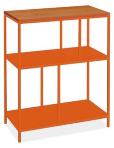 an orange shelf with two shelves on each side and a wooden top in the middle