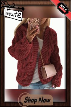 Rust Red Chunky Wide Short Style Knitted Cardigan Fall Cable Knit Acrylic Cardigan, Fall Acrylic Cable Knit Cardigan, Red Knit Sweater Coat For Winter, Trendy Red Winter Cardigan, Fall Knit Sweater Coat, Casual Red Knitted Sweater Coat, Burgundy Knitted Sweater For Fall, Red Soft Knit Cardigan, Trendy Acrylic Cardigan With Cable Knit