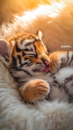 a small tiger cub laying on top of a fluffy white blanket with its mouth open