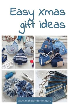 the cover of an easy christmas gift idea book with pictures of jeans and other items