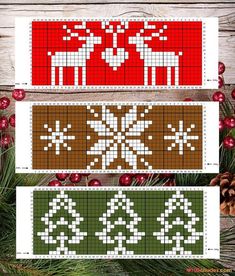 three cross stitch christmas patterns on wood with pine cones and fir trees in the background