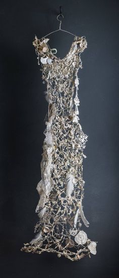 Original abstract expressionism sculpture by Susan Freda (United States). This large, one-of-a-kind paper on wire sculpture measures 18W x 55 H inches. The abstract sculpture ships in a crate directly from the artist's studio and is covered by the 14-day satisfaction guarantee from Saatchi Art, so you can buy with confidence. Decay Dress, Plastic Bag Fashion, Decay Fashion, Yarn Sculpture, Sustainable Fashion Aesthetic, Wearable Art Recycled, Mannequin Decor, Wire Dress, Sculpture Fashion