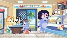 cartoon characters standing in front of an ice cream shop with their hands on the counter