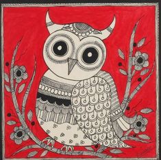 an owl sitting on top of a tree branch in front of a red background with flowers