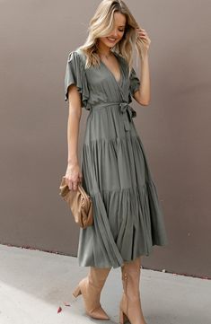 Whether you're off to brunch or your next day date, this versatile wrap-style dress with fluttery short sleeves can do it all. Slips on over head Surplice V-neck Short sleeves Elastic waist Removable sash Unlined 100% rayon Hand wash, line dry Imported Rustic Wedding Guest Dresses, Sage Green Dress Casual, Mountain Formal, Cute Fall Dresses, Casual Bridesmaid Dresses, Petal And Pup, Everyday Clothes, Exclusive Clothing, Work Party