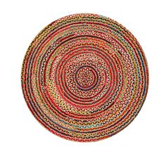 a multicolored round rug on a white background with an oval design in the center