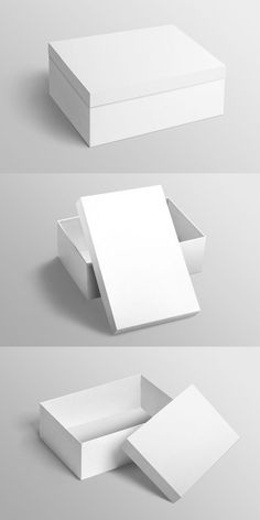 three different white boxes with one open and the other closed, all on top of each other