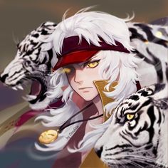 an anime character with white hair and yellow eyes, surrounded by two tiger's