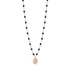 Gigi Clozeau - Madone Charm Classic Gigi Black necklace, Rose Gold, 16.5 Luxury Beaded Long Necklace, Luxury Long Beaded Chain Necklace, Black Enamel Fine Jewelry Necklace, Fine Jewelry Black Enamel Necklace, Elegant Oval Pendant Necklace With Black Enamel, Gift Onyx Single Strand Jewelry, Rose Gold Amulet Pendant Necklaces, Single Strand Onyx Jewelry Gift, Amulet Style Rose Gold Pendant Necklace