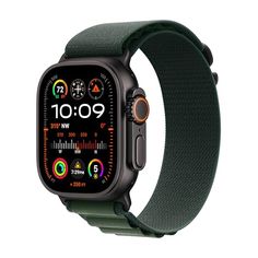 the apple watch series 4 is shown in black with green straps and an orange face