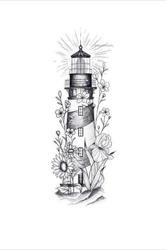 a black and white drawing of a lighthouse with flowers on the bottom half of it