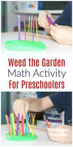 a kid is playing with colorful sticks in the garden math activity for preschoolers to practice their fine motor skills