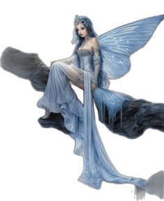 a blue fairy sitting on top of a tree branch