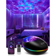 an image of a bedroom with purple lighting and remotes on the table next to it