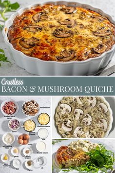 Bacon and mushroom quiche in a white tart dish.