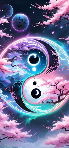 the yin symbol is surrounded by pink clouds