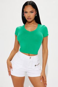 Available In Kellygreen, Pink, Green, Black, White, Red, Navy, Chocolate, Mauve, Orchid, Heather Grey, Sage, Olive, Light Blue, And Yellow. V Neck Cropped Short Sleeve Stretch 95% Cotton 5% Spandex Imported | Kaitlyn V Neck Crop Top in Kelly Green size Medium by Fashion Nova Trendy Kelly Green Tops For Spring, Trendy Green V-neck Top, Fitted Green Trendy T-shirt, Basic Green Crop Top, Basic Green Stretch Crop Top, Green V-neck Crop Top For Spring, Green Fitted Crop Top T-shirt, Fitted Green Crop Top T-shirt, Basic Green Cropped Top