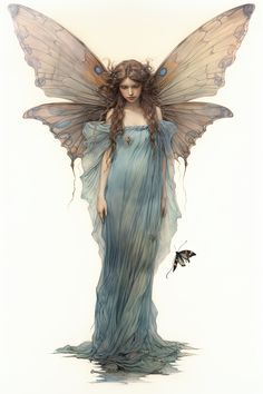 a woman dressed as a fairy standing next to a butterfly