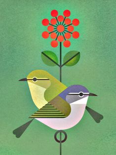 two birds sitting next to each other on top of a green background with red flowers