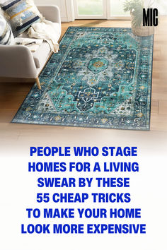 a living room with a blue rug on the floor