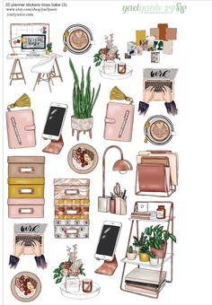 an assortment of furniture and accessories are shown in this graphic art printable set,