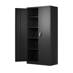 an empty black storage cabinet on a white background