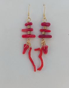 Red Coral earrings Handmade Red Coral Dangle Earrings, Coral Earrings With Ear Wire As Gift, Coral Dangle Earrings, Red Drop Beaded Earrings, Red Dangle Earrings For Pierced Ears, Handmade Red Dangle Plug Earrings, Red Drop Beaded Earrings For Pierced Ears, Red Beaded Dangle Earrings, Red Beaded Drop Earrings, Pierced