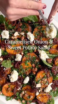 Onion & Sweet Potato Salad Parsley Leaves, Sweet Potato Salad, Salad With Sweet Potato, Spinach Leaves, Red Onions, Toasted Almonds, Proper Nutrition, Veggie Dishes, Baby Spinach