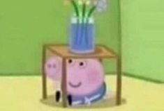 a cartoon pig sitting in front of a vase with flowers