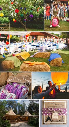 many different pictures of people and decorations in the yard, including hay bales with balloons