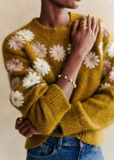 Long-sleeved Wool and Kid Mohair Jumper;Slightly oversized;Floral embroidery on chest and sleeves;Round neckline;Length from the shoulder: 54.5 cm / 21.5 in (for a S) Chocolate Clothes, Mohair Jumpers, Autumn Knitwear, Embroidery Sweater, Buy Sweaters, Short Denim, Clothing Details, Mood Board Fashion, Embroidered Sweater