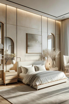 A tranquil bedroom showcasing modern French cottage decor, with a plush neutral-toned bed, elegant furnishings, and soft lighting that creates a warm and inviting atmosphere. Luxury Bedroom Master, Living Room Interior Design, Elegant Bedroom, Luxury Bedroom, Home And Decor, Home Modern