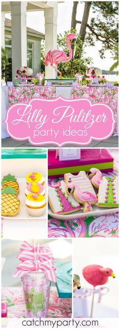 a pink flamingo themed party is featured in this collage