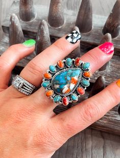 Stamped 925 sterling silver Genuine turquoise & spiny oyster Size 7 Stone is 1 1/2” long Unique Multicolor Multi-stone Turquoise Ring, Spiny Oyster Turquoise, Turquoise Scarf, Spiny Oyster Jewelry, Oyster Turquoise, Turquoise Decor, Holiday Hoodies, Spiny Oyster, Genuine Turquoise