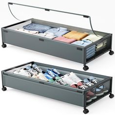 an open drawer with shoes and t - shirts in it on casters to the side