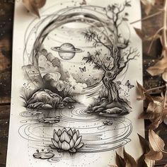 a piece of paper with an image of a tree and water lilies on it