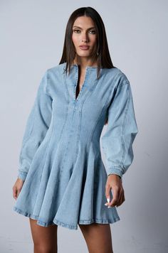 ALL ABOUT MY BUSINESS DENIM MINI DRESS – AKIRA Denim Dress Winter, Denim Dress Fall, Light Denim Dress, Latest Winter Fashion, Long Sleeve Denim Dress, Conservative Outfits, Nashville Outfits, White Accessories, Denim Mini Dress