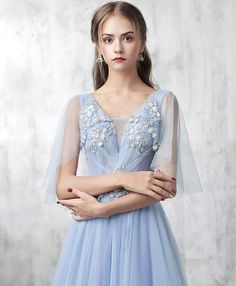 Light Blue V-neck Dress For Banquet, Blue A-line Mini Dress For Wedding, Blue A-line Mini Dress For Banquet, Blue Tulle Dress For Banquet, Elegant Short Sleeve Tulle Mini Dress, Blue V-neck Dress For Prom Season, Blue V-neck Dress For Banquet, Light Blue Tulle Dress For Evening, Light Blue Tulle Dress For Banquet