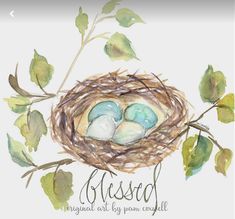 a watercolor painting of two eggs in a nest on a tree branch with leaves