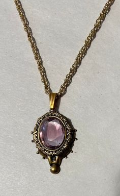 "This is for a beautiful layered Victorian Look Pendant.  Brass pendant with a Lavender Purple color Glass stone accent 1 1/2\" long x 1\" wide Inspired by the \"Golden Era\" 18\" gold Plate rope Chain Thanks for looking" Amethyst Necklace Vintage, Lavender Purple Color, Hex Girls, Victorian Pendants, Pendant Brass, Purple Gems, Golden Necklace, Brass Necklace, Wedding Jewellery Necklace