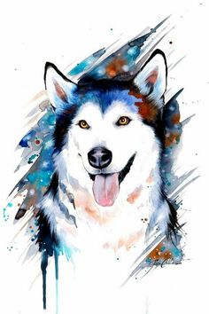 a painting of a husky dog with watercolors on it's paper and paintbrushes next to it