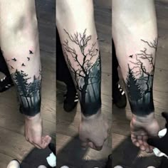 two people with trees and birds on their legs