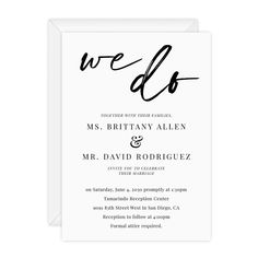 a wedding card with the word we do written in cursive ink on it