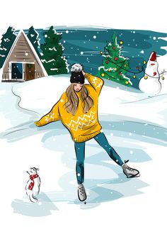 a woman skating in the snow next to a christmas tree and a small white dog