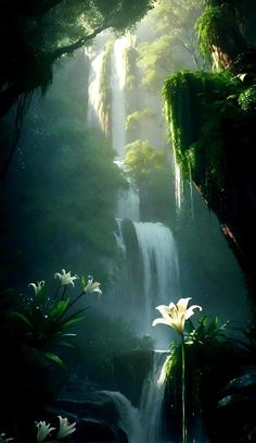 a waterfall in the middle of a forest filled with lots of green plants and flowers