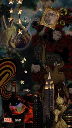 an image of a city with stars and other things in the sky, including a clock tower