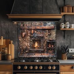 a stove top oven sitting inside of a kitchen next to wooden cabinets and counter tops