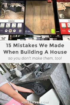 a woman sitting at a table in front of laptops with text overlay that reads, 15 mistakes we made when building a house so you don't make them too